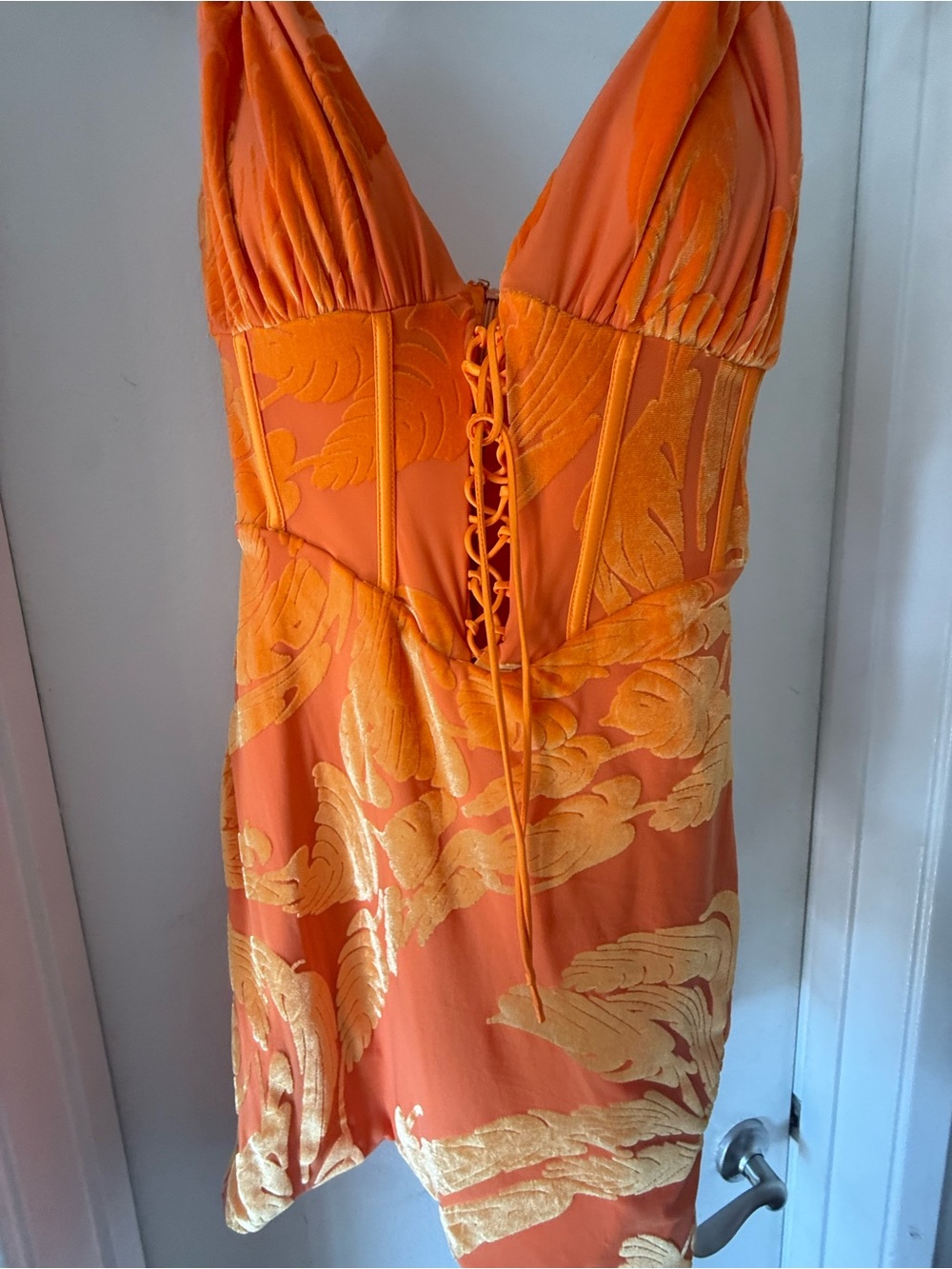 Oh Polly Orange Gold Floral Lace-Up Slip Dress